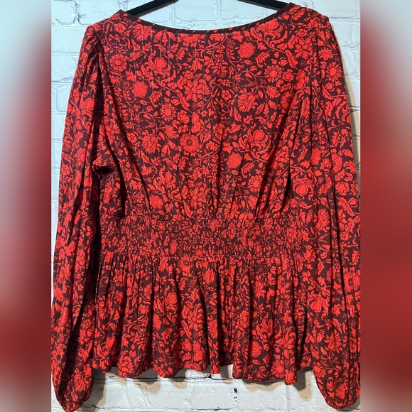 Knox Rose Red Floral Print Long Boho Sleeve Peplum Blouse Top Size L 006 - Picture 4 of 4